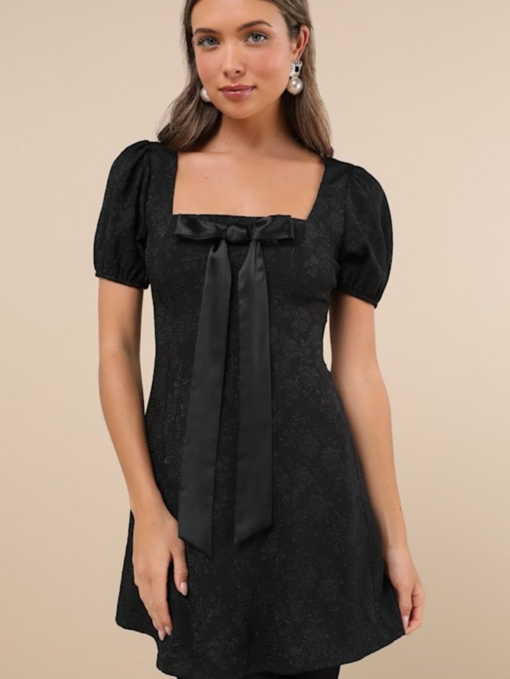 Lulus Polished Sweetie Black Jacquard Bow Puff Sleeve Mini Dress - Size S